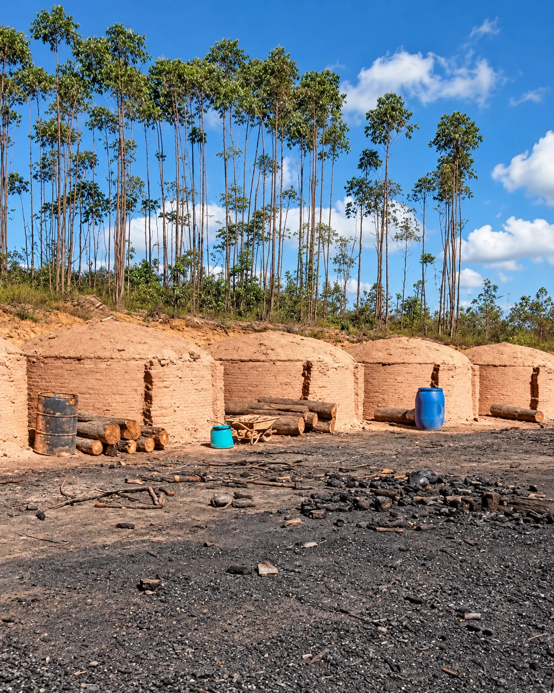 Linha de fornos em área com eucaliptos